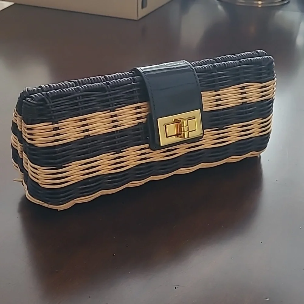J.Crew natural Navy wicker basket patent leather brass buckle purse - Picture 1 of 8
